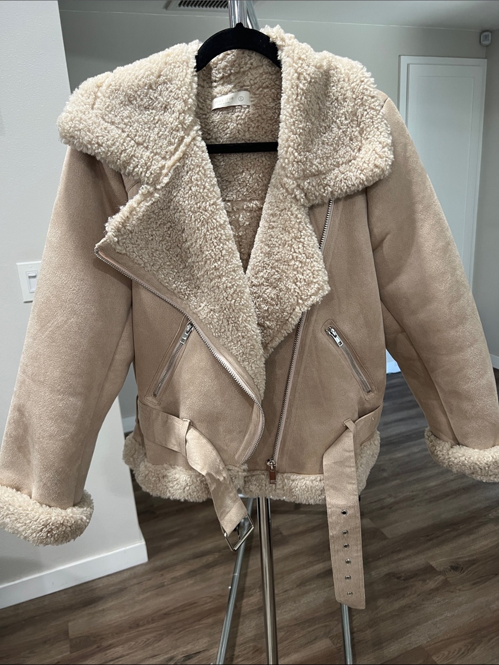 Beige Faux Shearling Moto Jacket with Belt